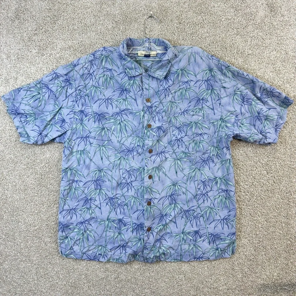Tommy Bahama Mens‎ Large 100% Silk Blue Bamboo Leaf Print Hawaiian Camp Shirt